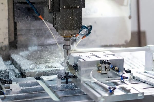 CNC milling machine cutting an aluminum block for precision components