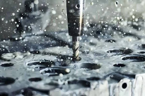 Twist drill cutting holes in a metal part with coolant